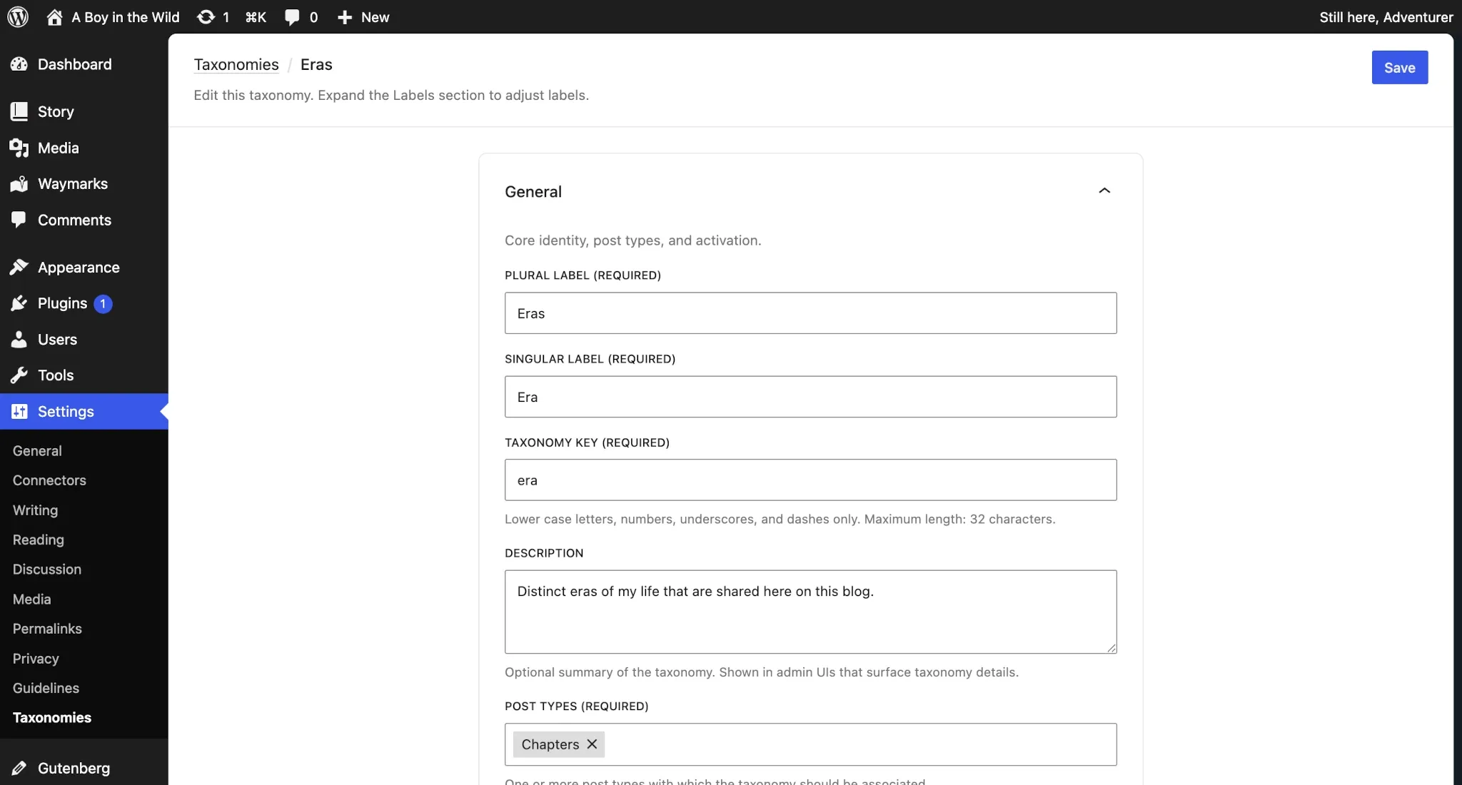 WordPress 管理界面，展示一个用于创建自定义分类法及其多个字段的表单。