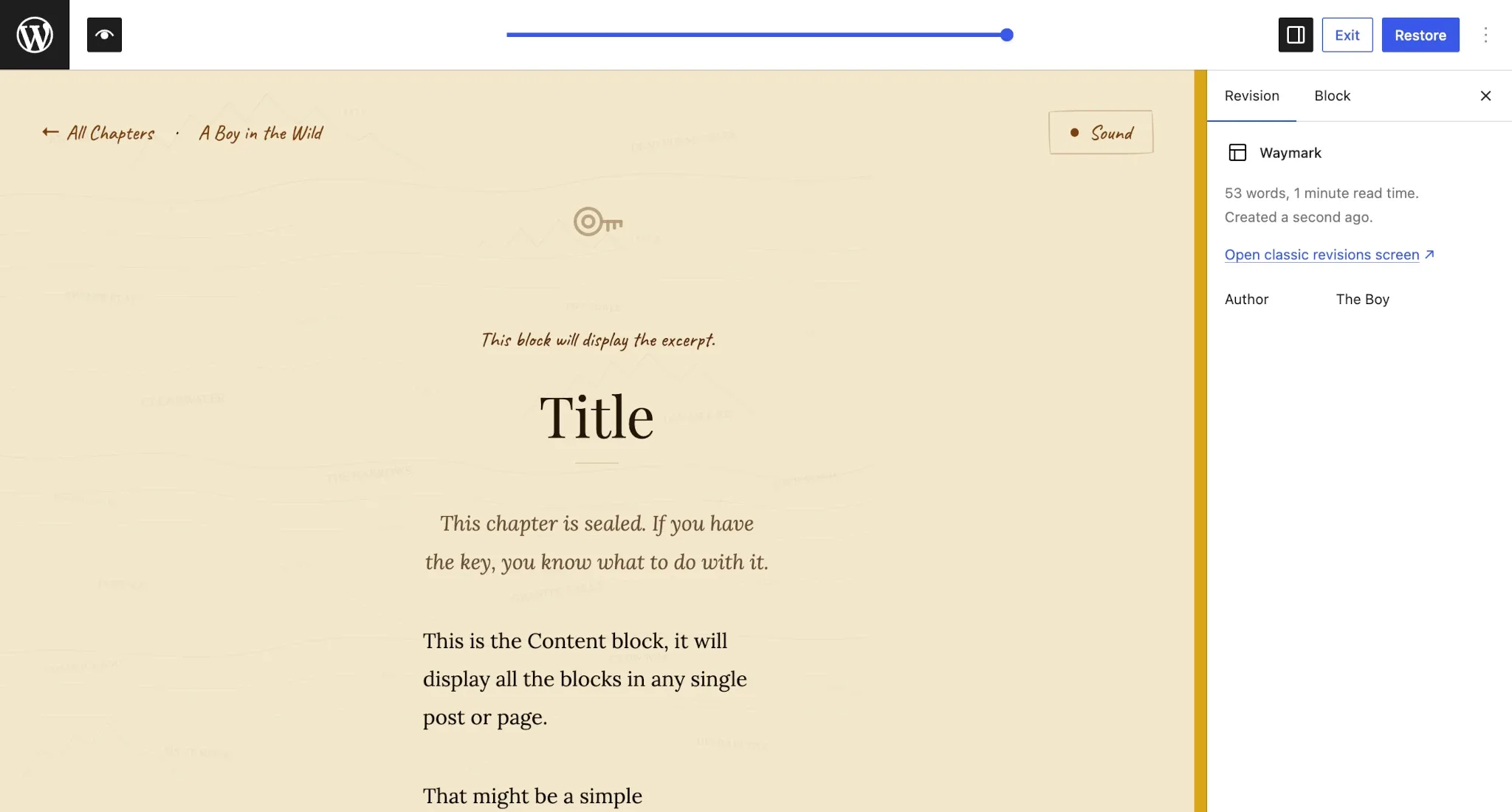 WordPress 网站编辑器显示特定模板的修订标签页。
