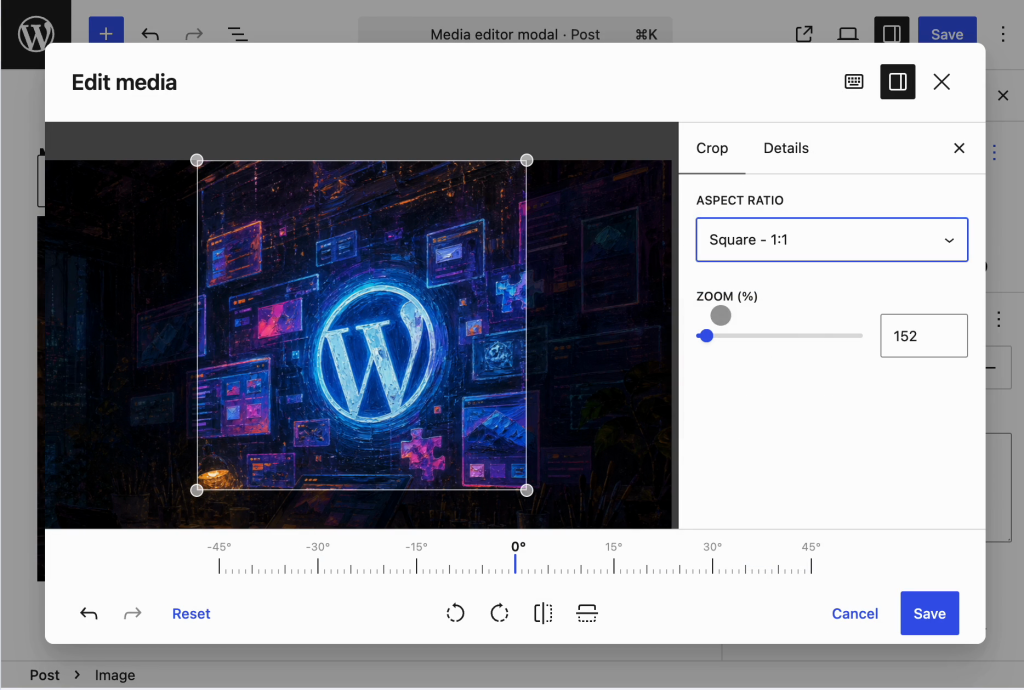 WordPress 编辑媒体模态显示图像裁剪选择,包含宽高比、缩放、旋转和保存控制。