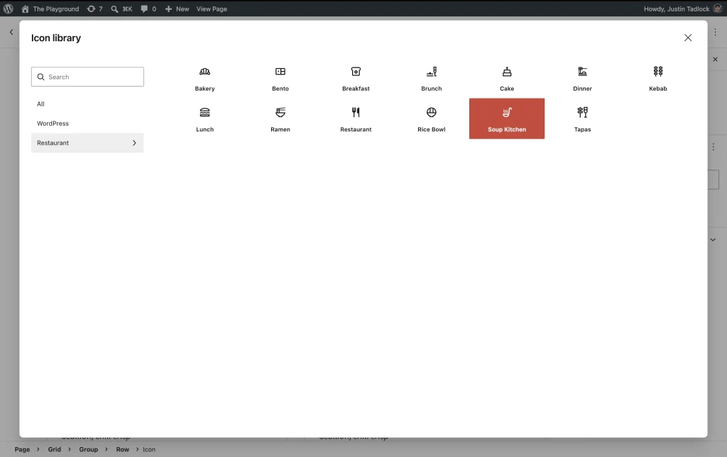 WordPress 帖子编辑器,界面覆盖图标库模态。选择了餐厅图标收藏标签,以网格形式显示各种与食物相关的图标。