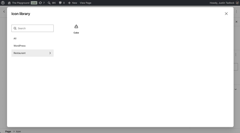 WordPress 帖子编辑器,界面覆盖图标库模态。选择了餐厅图标收藏标签,显示一个蛋糕图标。