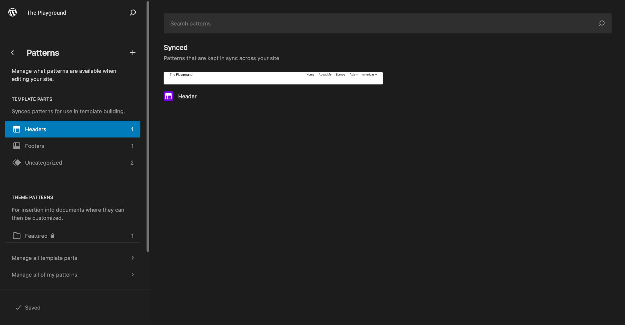 WordPress Patterns library showing Header Template parts.