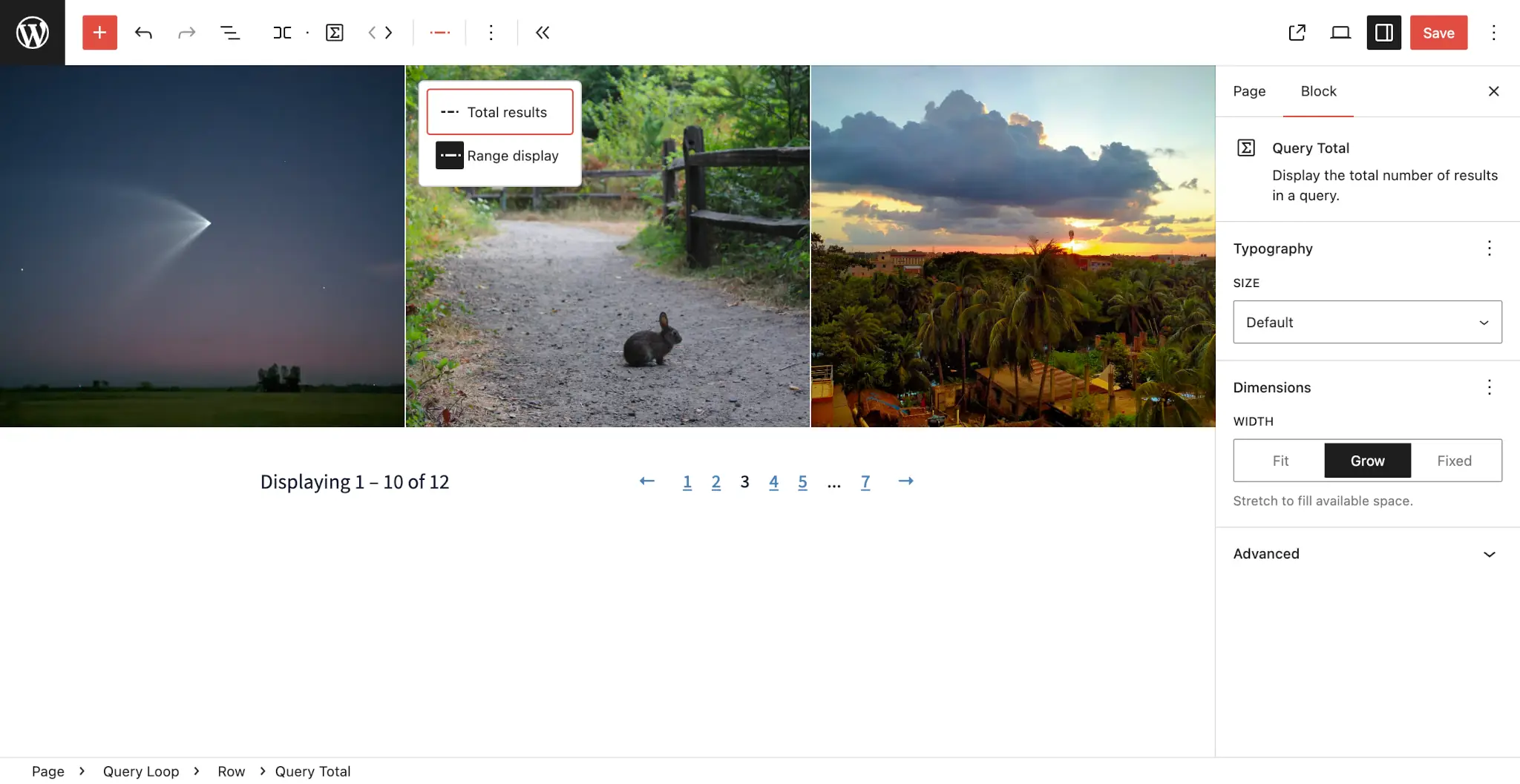 区块编辑器截图，选中了Query Total区块。其文本显示为“Displaying 1 - 10 of 12”，指的是父级Query区块中的文章数量。