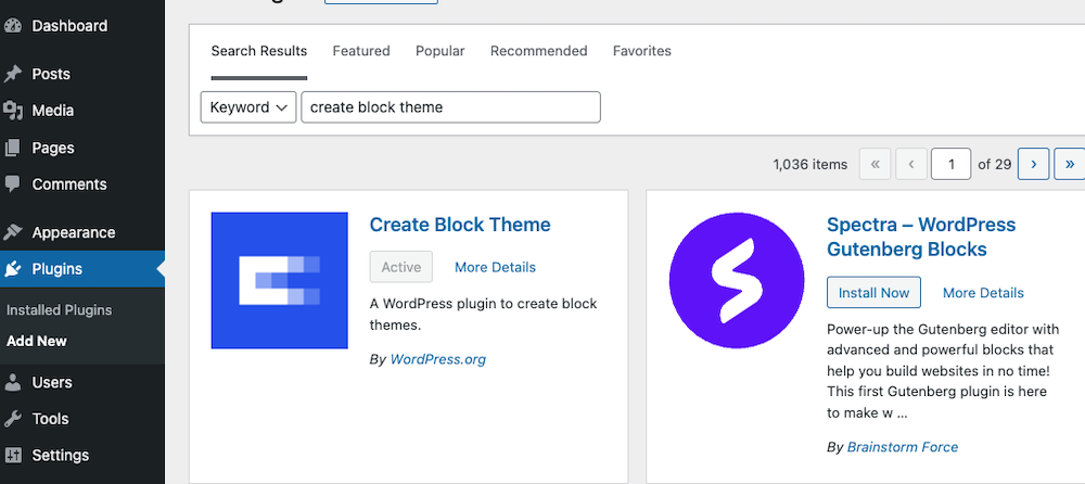 显示管理仪表板中激活的 Create Block Theme 插件的截图