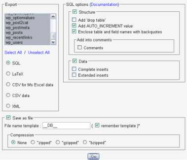phpMyAdmin export screen