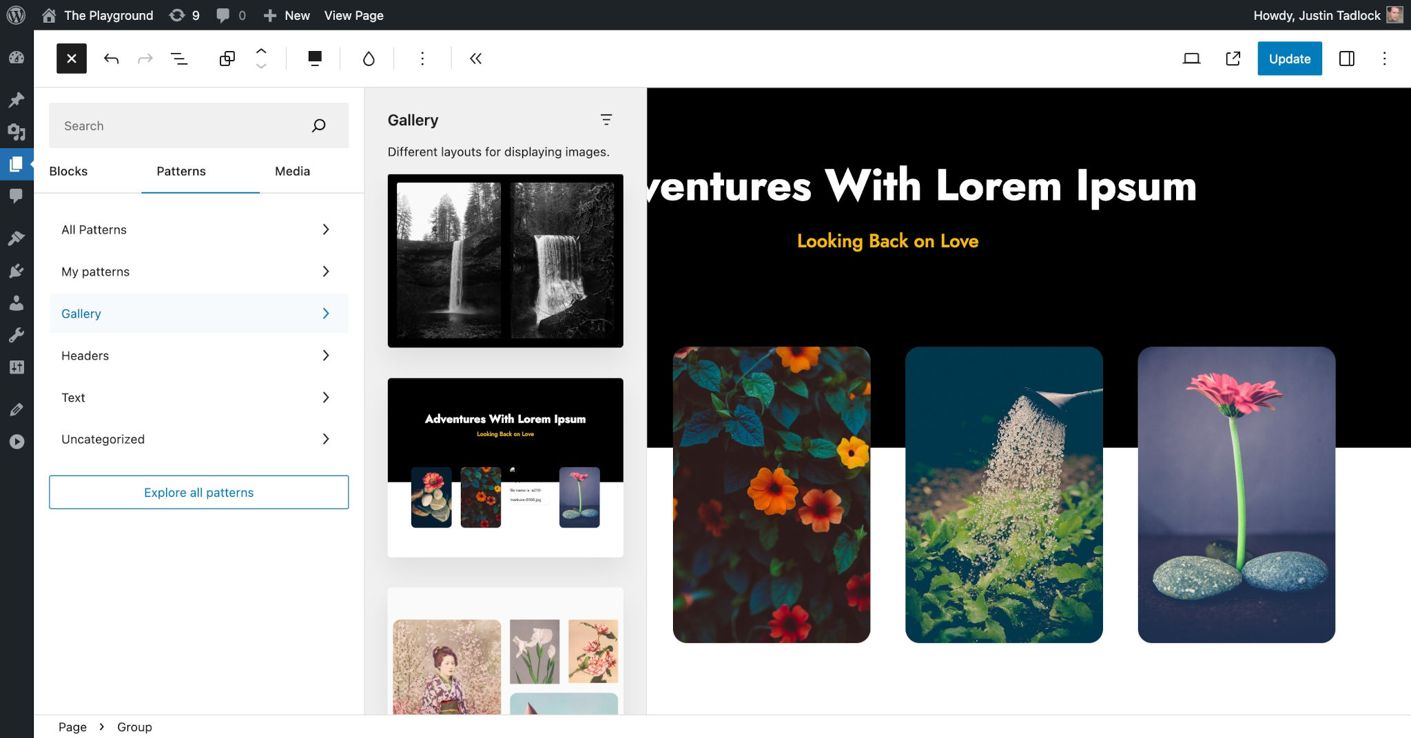 Patterns inserter from the page-editing screen showing a list of Gallery-based patterns.