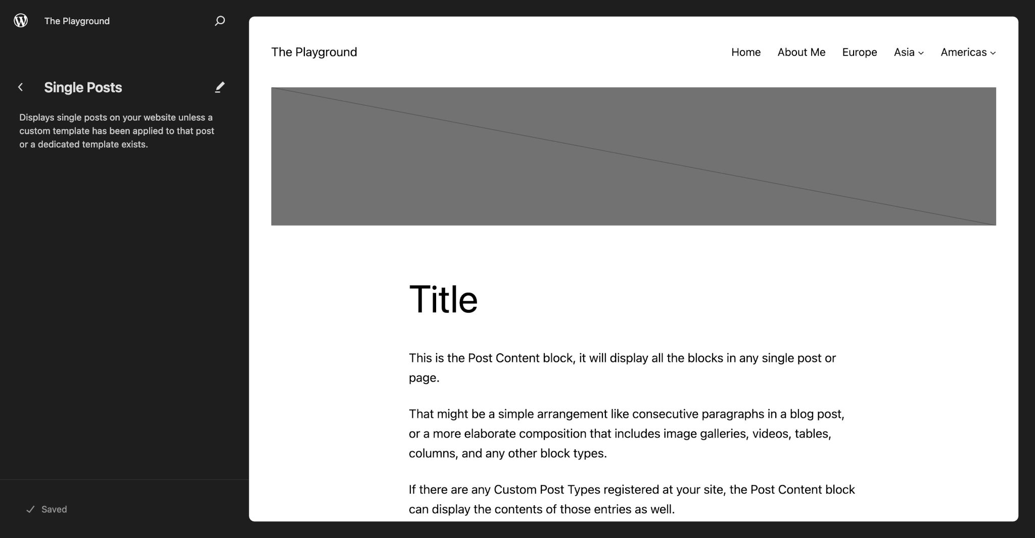 WordPress Site Editor with a focus on the Single Post template.