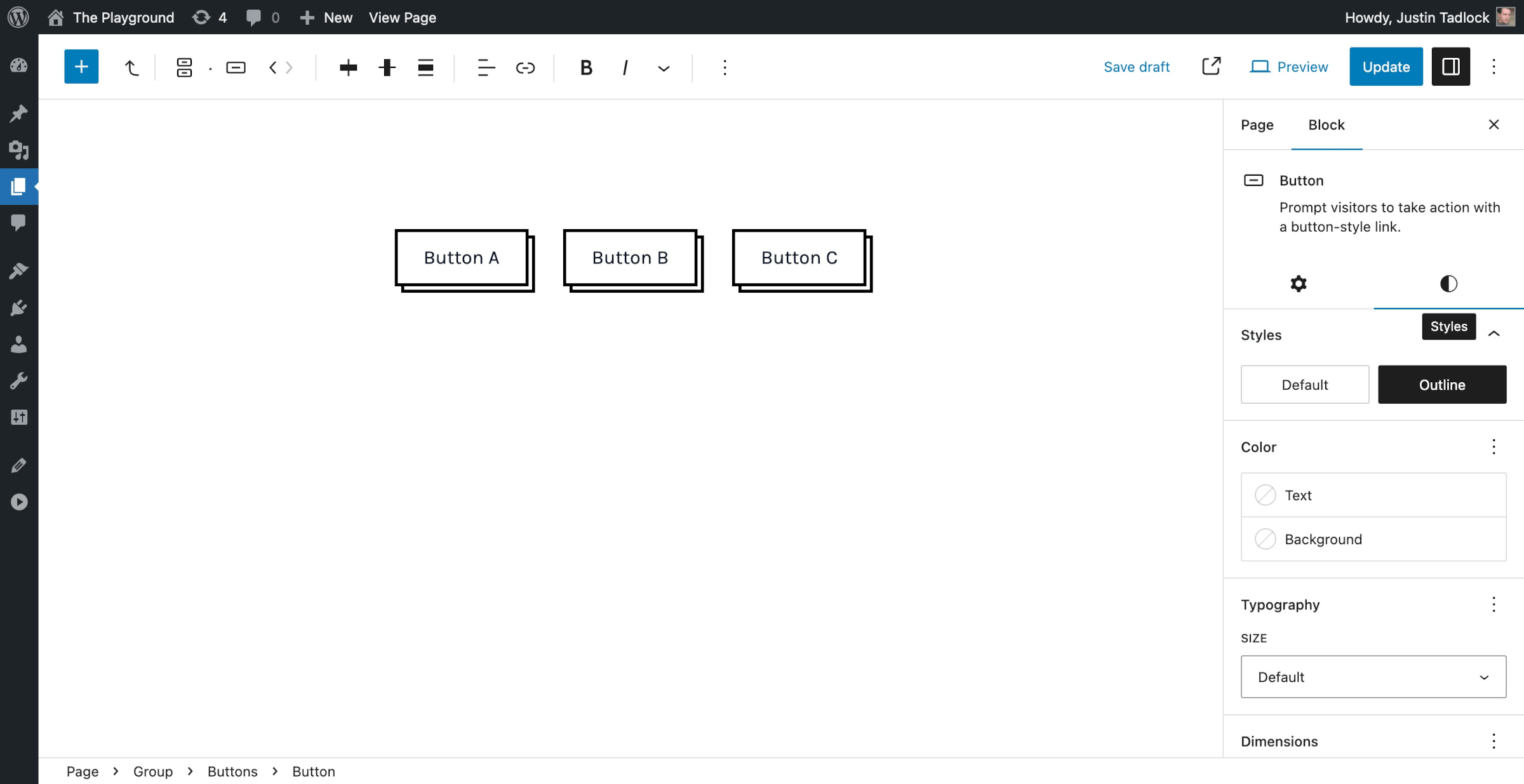 WordPress post editor with three outlined buttons in the content canvas. Each has a solid-border drop-shadow.