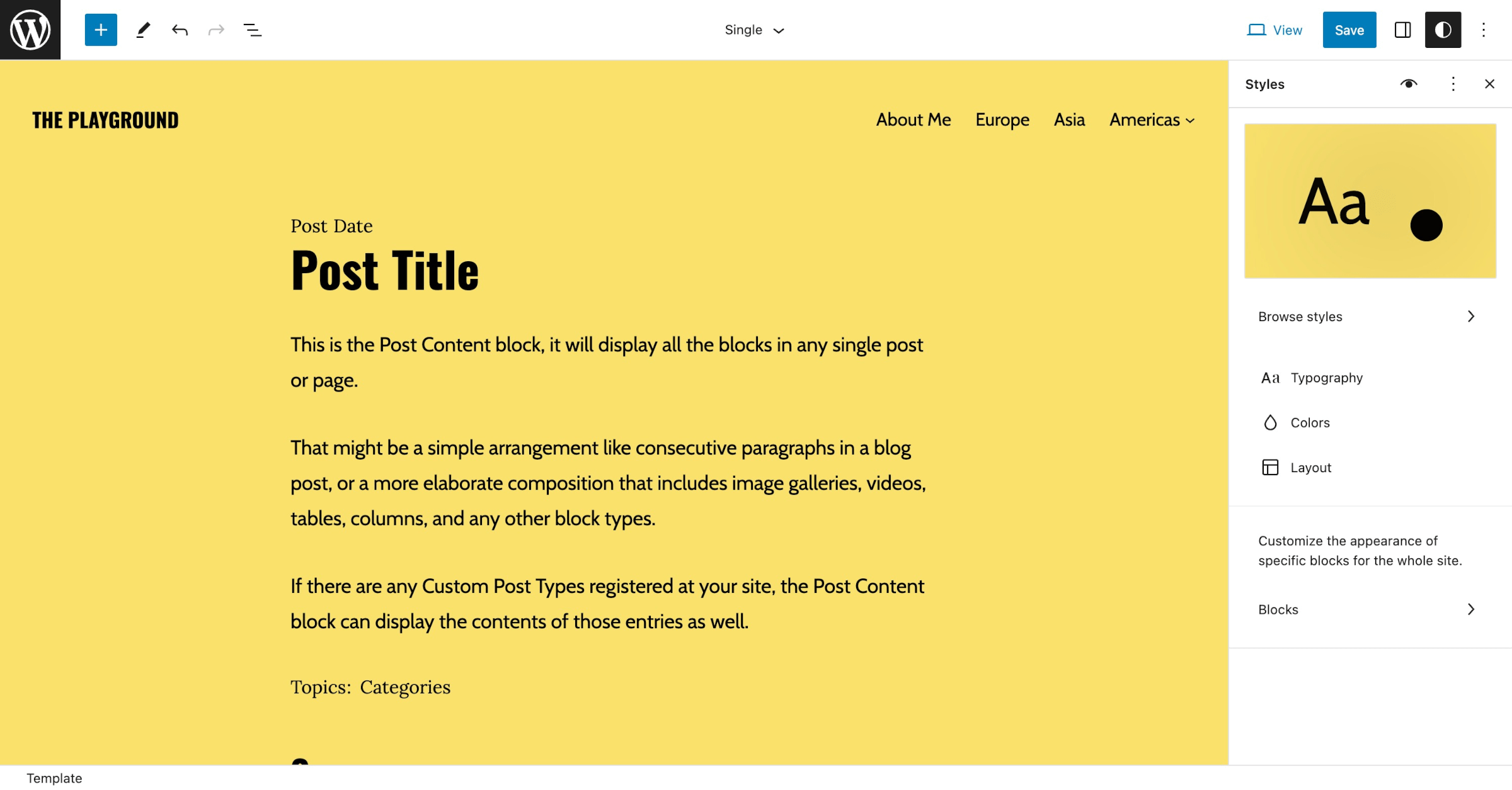 WordPress site editor with a single post template that shows a design with a yellow background and black text.