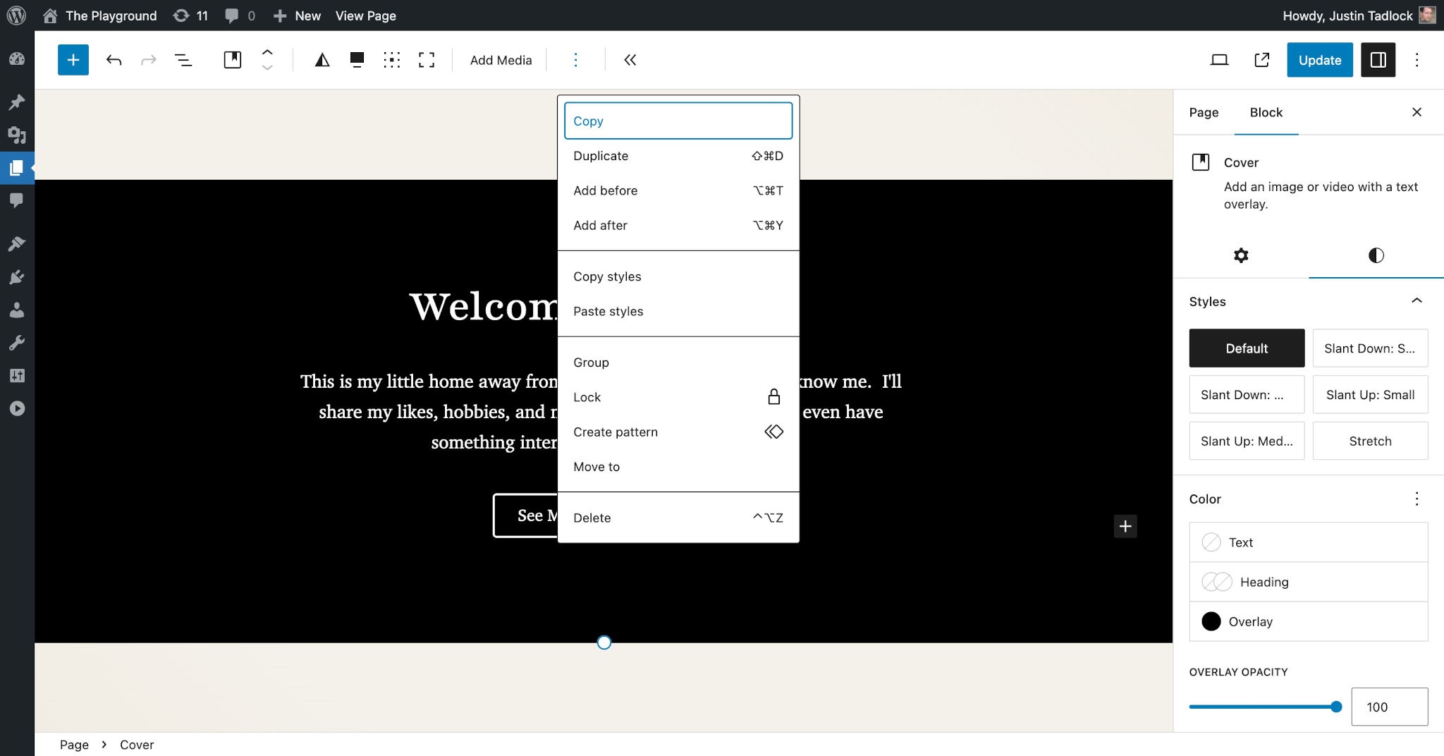 WordPress post editor with a Cover block in the content canvas. A dropdown is open from the toolbar with the Copy button highlighted.