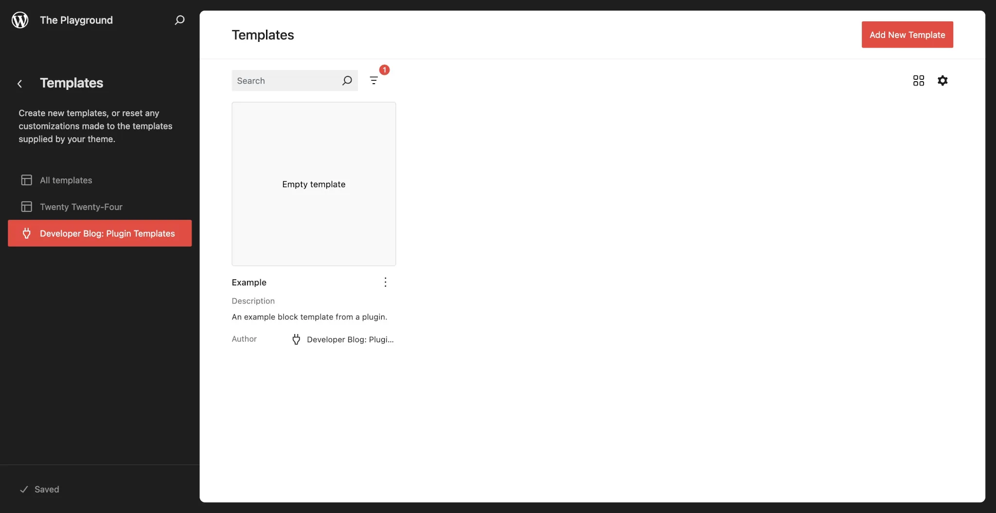 WordPress 站点编辑器中的模板屏幕。一个插件面板已打开，显示一个空的模板。