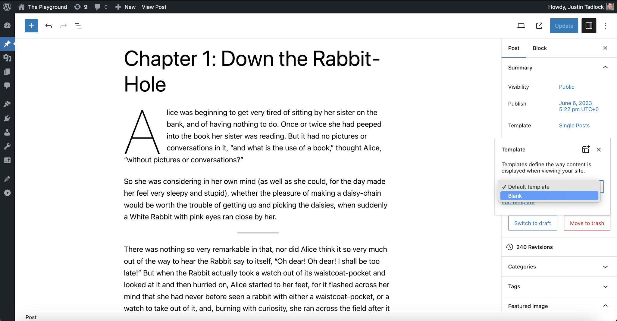 WordPress post editor with the Template option open in the sidebar. The Blank template option is highlighted.