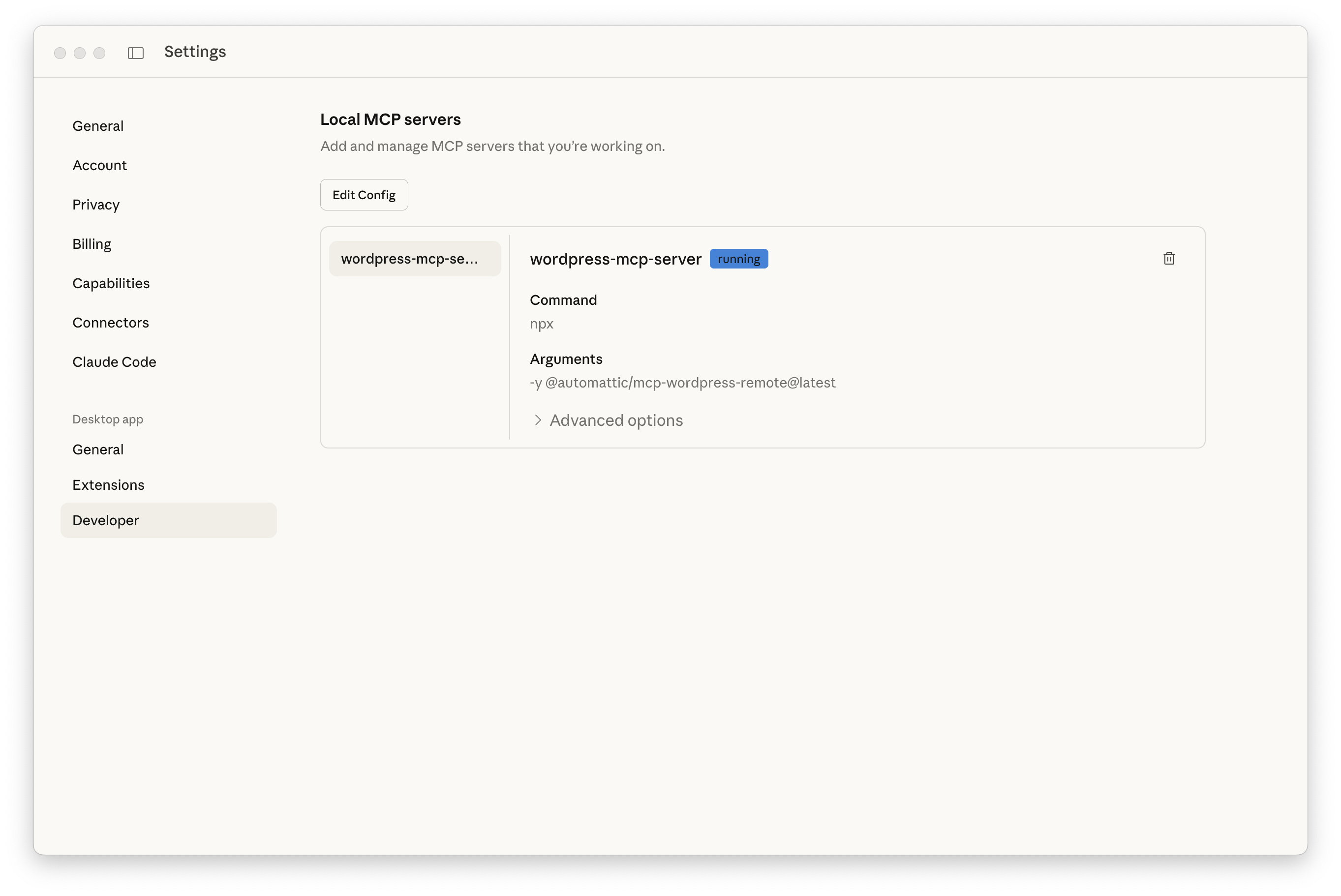 Claude桌面开发者设置面板，已添加WordPress MCP服务器。