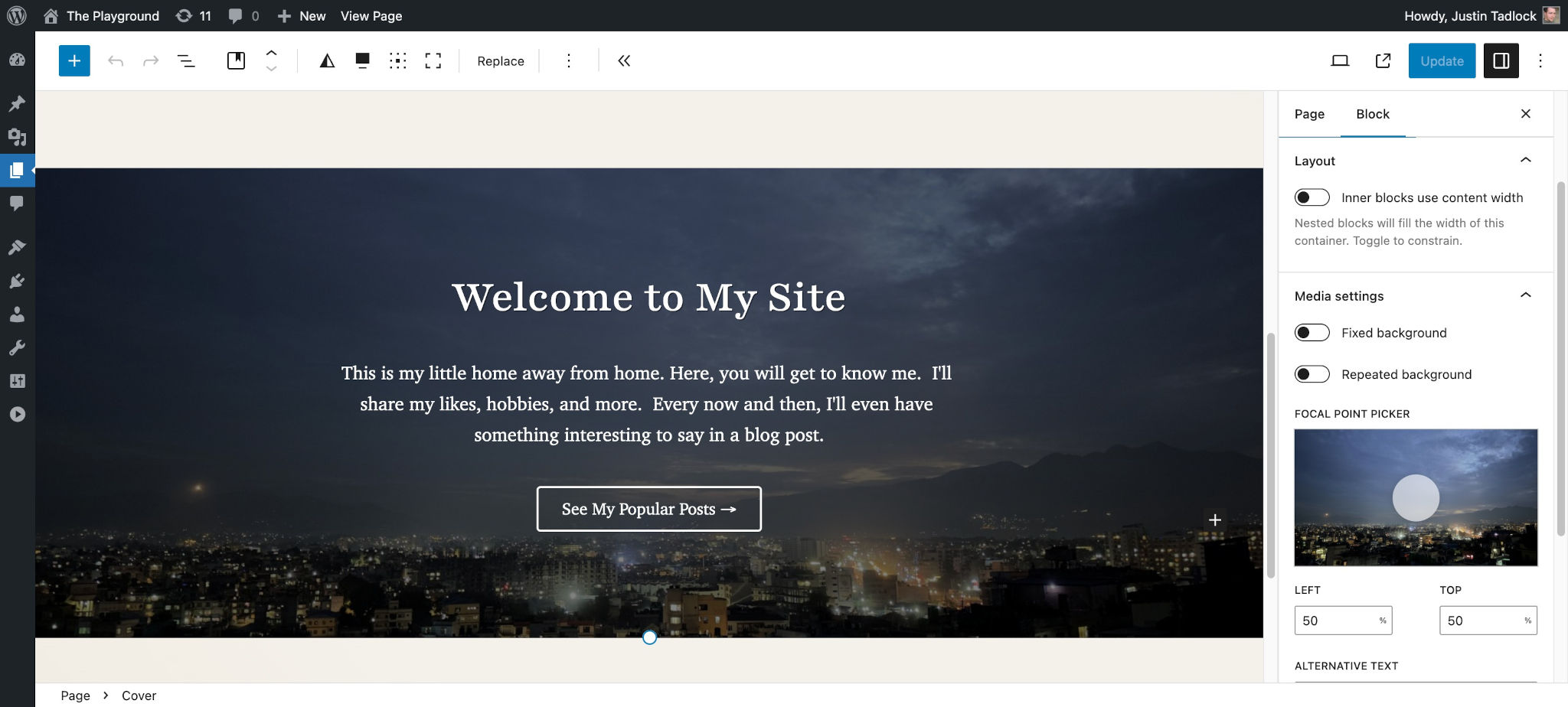 WordPress post editor showing a Cover block with a background image of a cityscape.