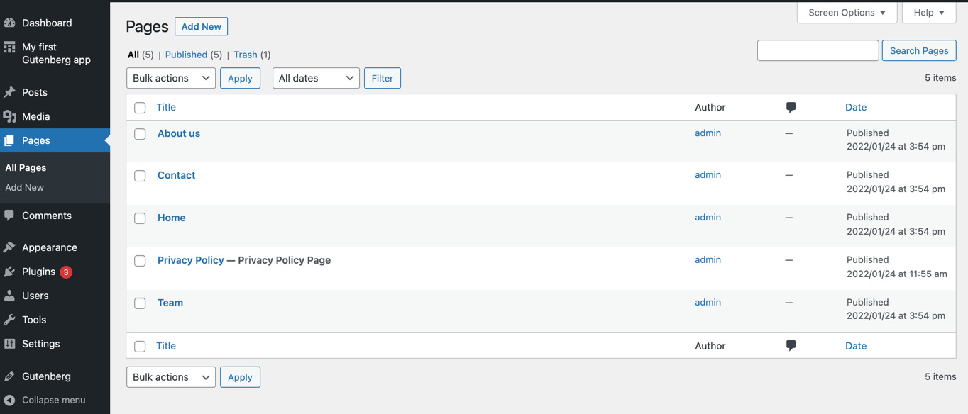 WordPress admin Pages list