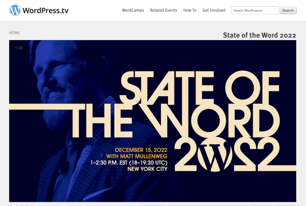 WordPress.tv网站截图，显示2022年State of the Word的静态画面