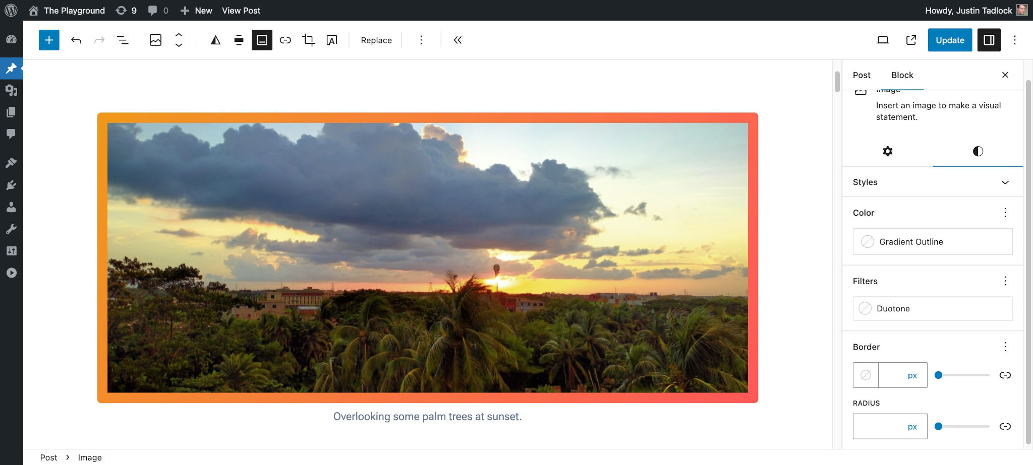WordPress post editor showing an image of palm trees with an orange-to-red gradient border.