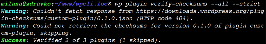 包含警告消息的输出，表明 WP-CLI 无法对一个插件执行验证，而两个插件已成功验证。
