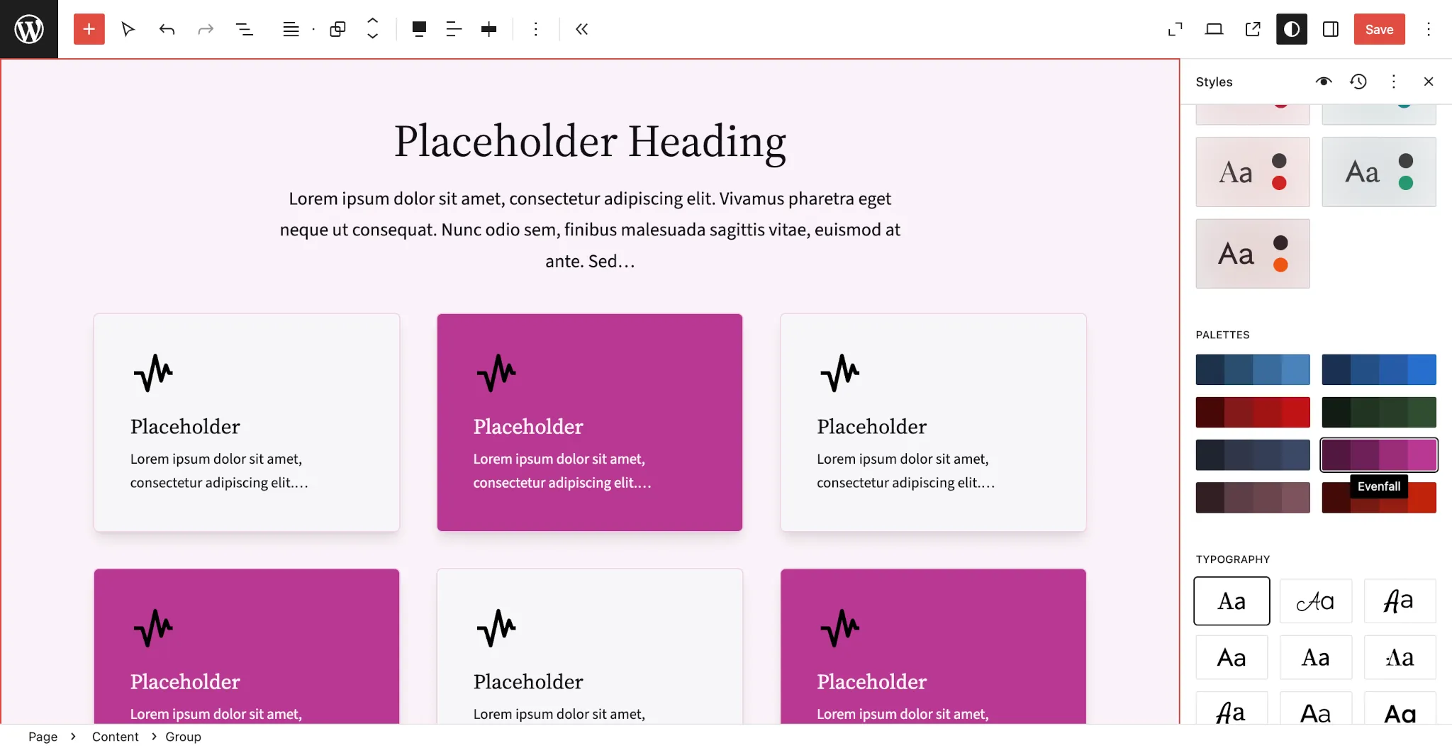 WordPress 站点编辑器，画布中显示一个三列网格，交替使用紫色和粉色。右侧，样式面板已打开，并选择了 Evenfall 调色板。