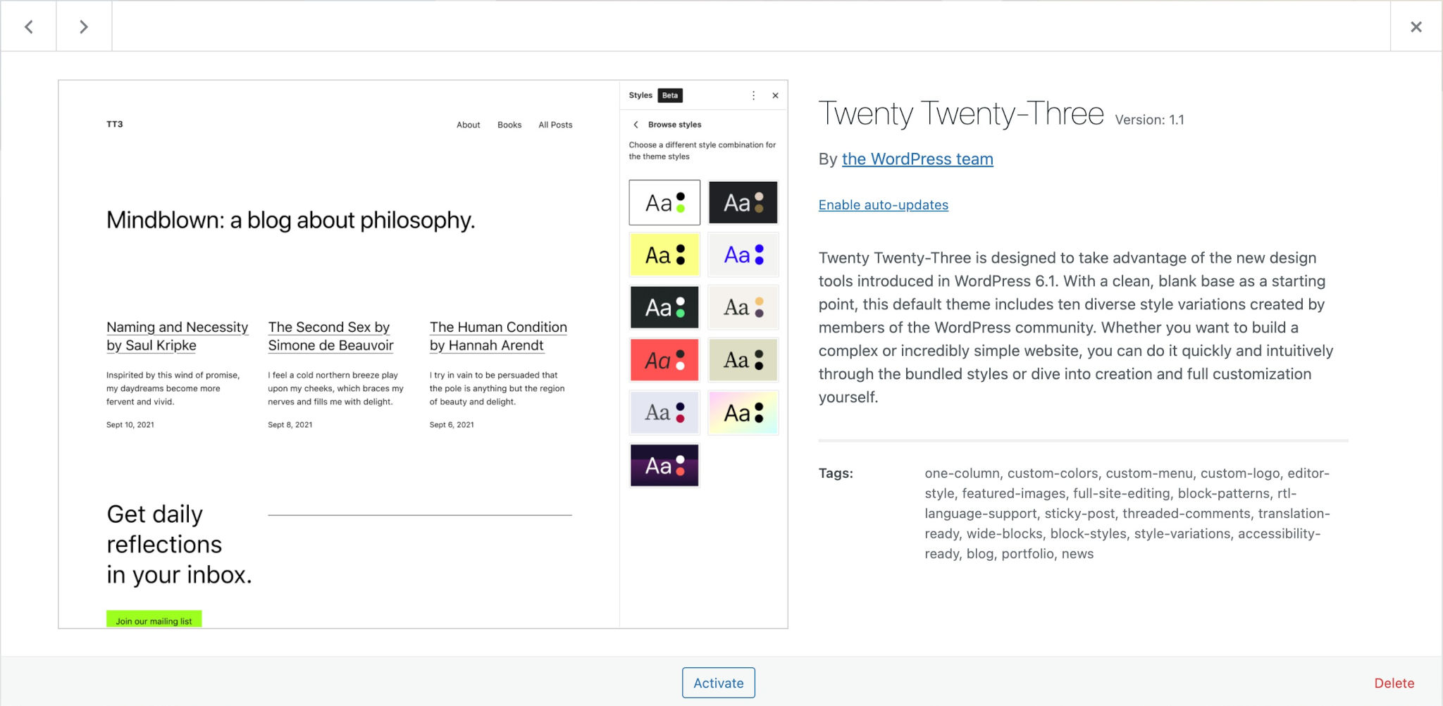 WordPress themes screen with the Twenty Twenty-Three modal overlay over the screen. It shows the theme screenshot, description, and metadata.