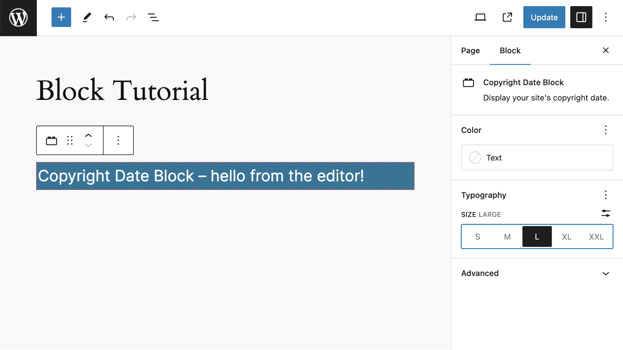 The block in the Editor with block supports