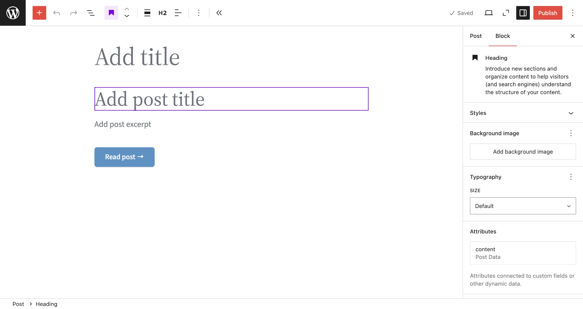 WordPress 文章编辑器，带有空白的标题、段落和按钮区块，尚未自定义。标题和段落具有自定义占位符文本。