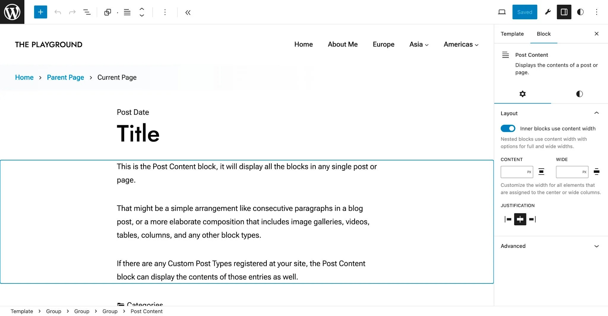WordPress post editor with a Post Content block selected, showing its inner content limited to the content width.