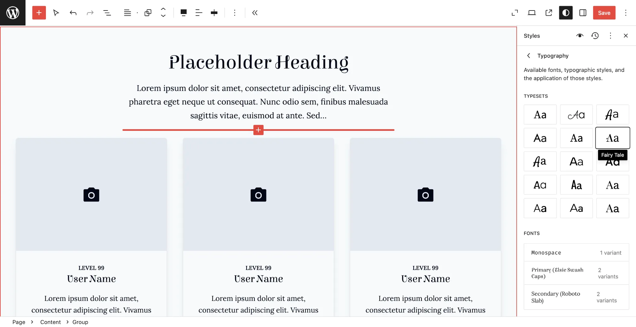 WordPress 站点编辑器显示一个带有用户个人资料三列网格的页面。右侧，选择了一个名为 Fairy Tale 的奇幻风格字体集。