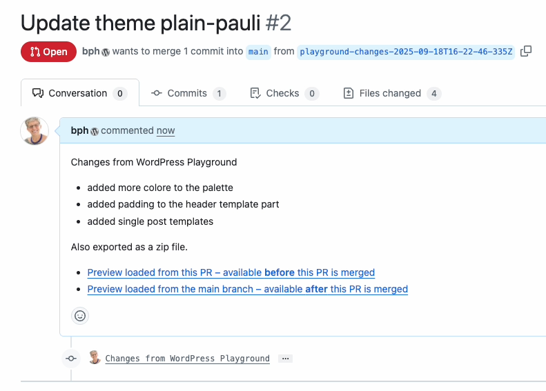 由 Playground 创建的 Pull Request 截图。