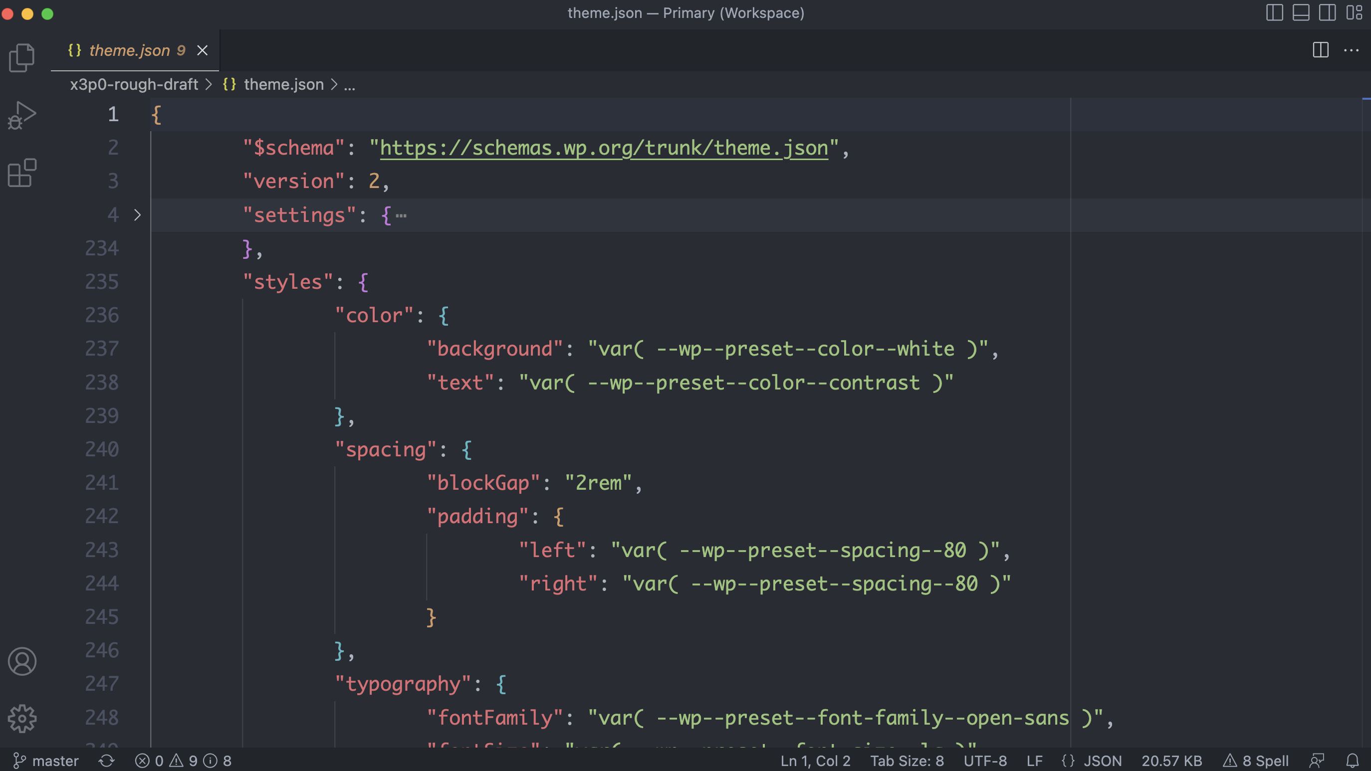代码编辑器显示一个打开的 theme.json 文件，位于 "styles" 部分。