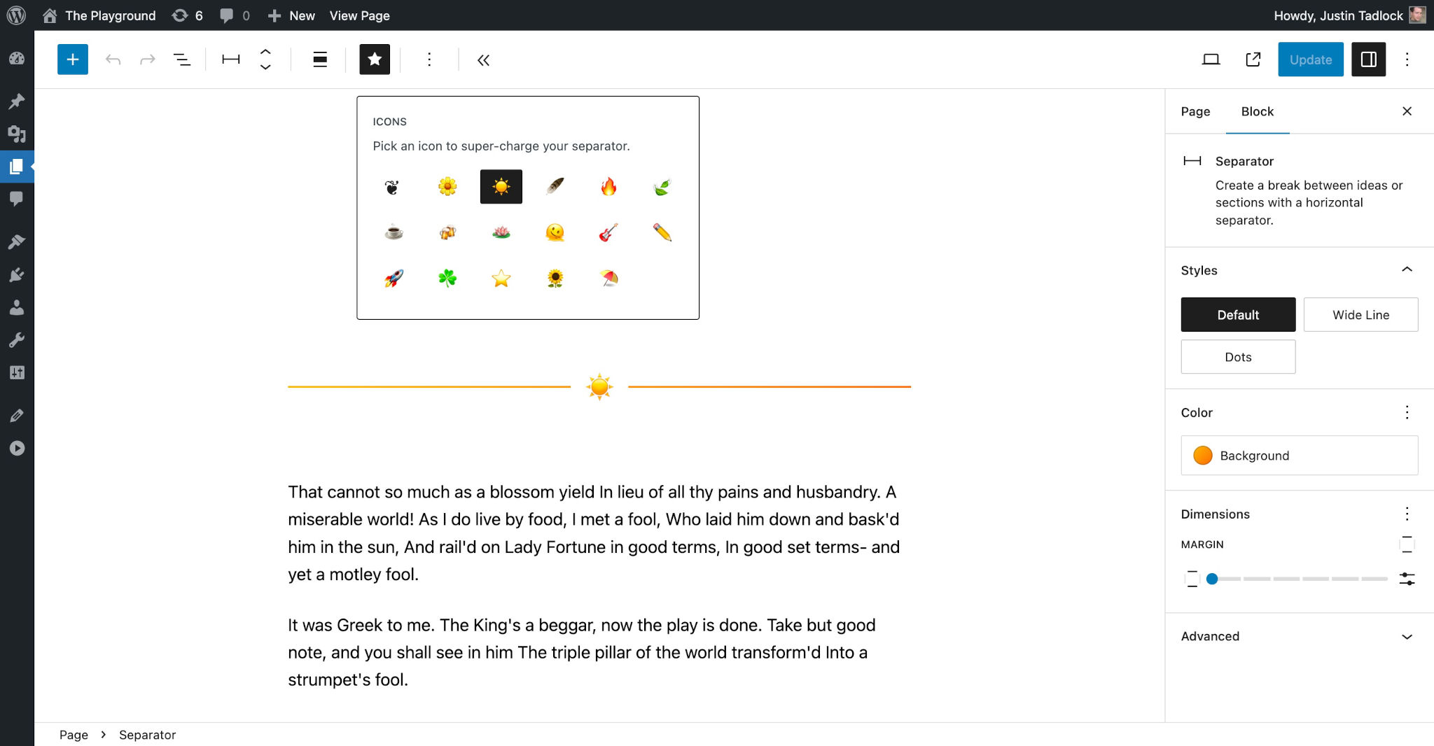 WordPress 文章编辑器，其中显示了一条水平线（Separator 区块），呈现为太阳 emoji。屏幕上弹出了一个图标选择器模态框。