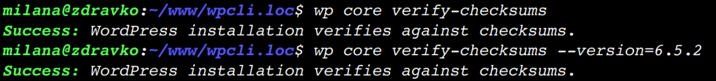 验证核心文件的 WP-CLI 命令及其输出。
