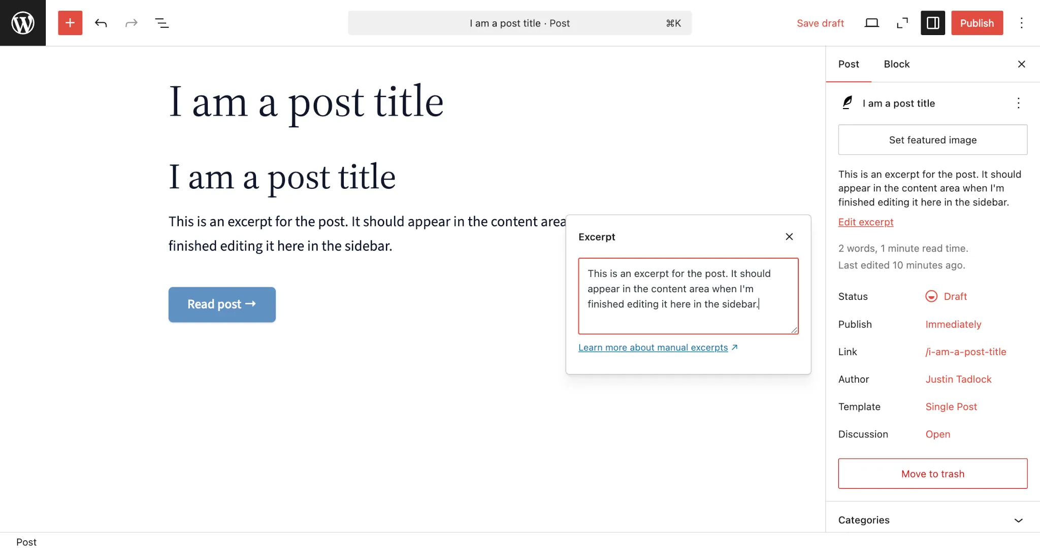 WordPress 文章编辑器，其中标题块显示文章标题，段落块显示摘要。