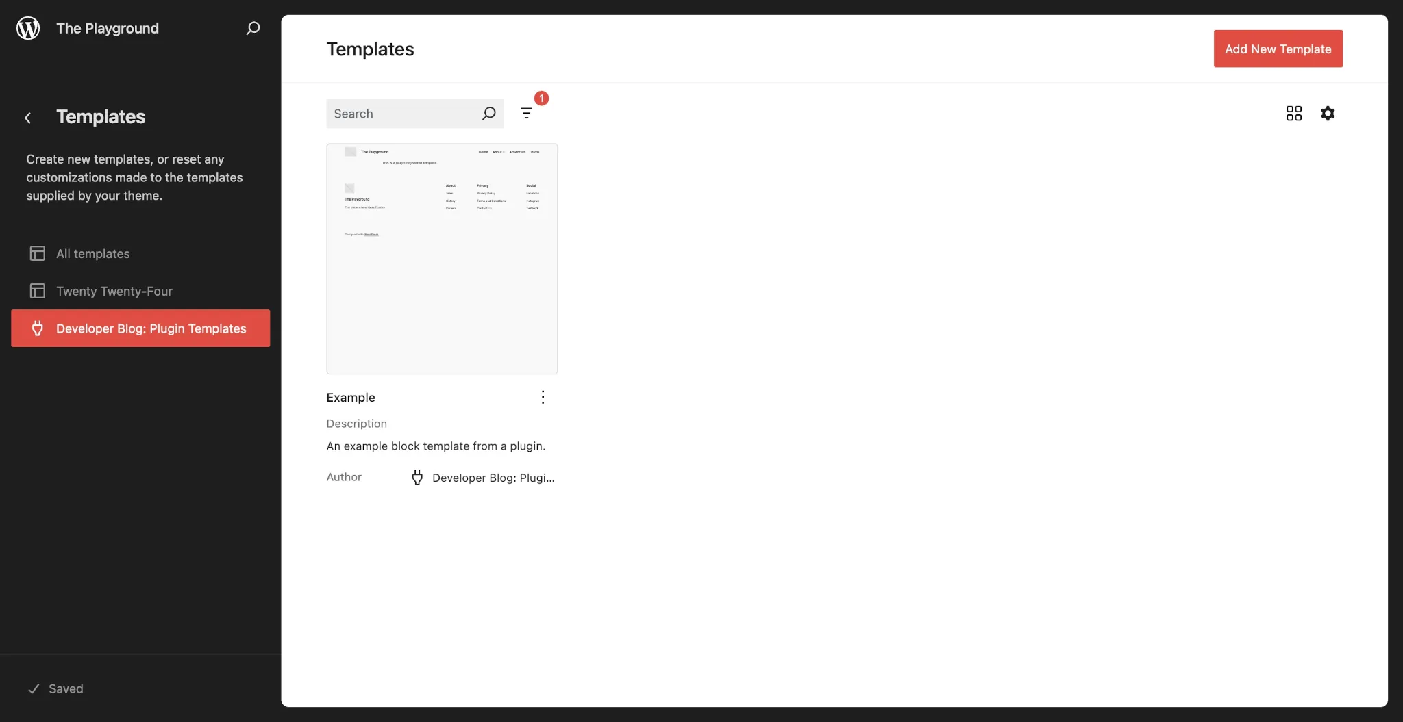 WordPress 站点编辑器中的模板屏幕。一个插件面板已打开，显示一个带有演示内容的模板。