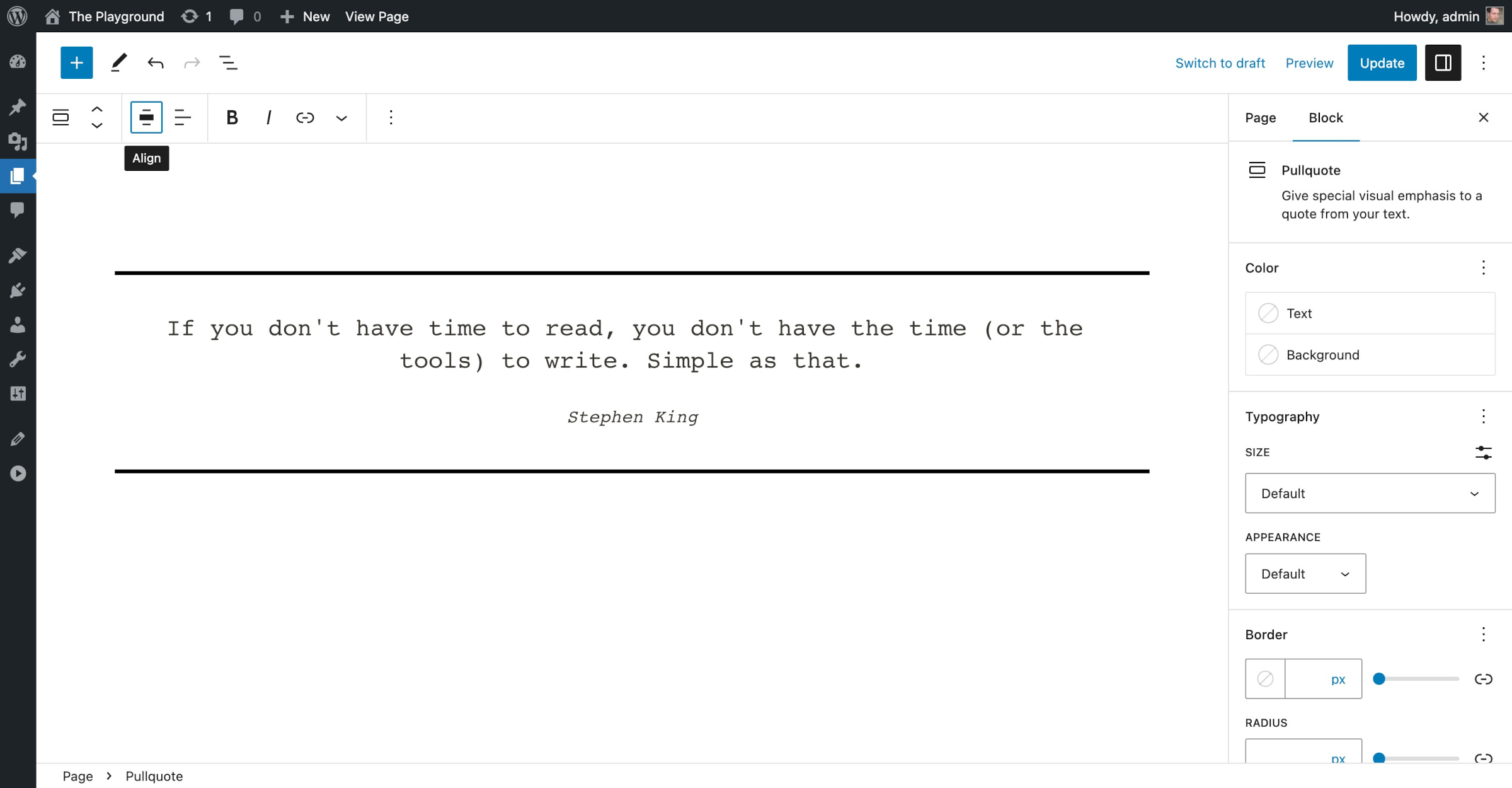 WordPress 文章编辑器显示一个 Pullquote 块，该块具有黑色上下边框。