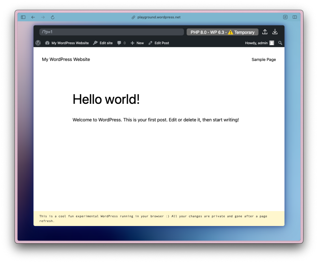 WordPress Playground 网站的截图，显示在浏览器中运行的 WordPress 实例。它显示了一篇“Hello World”博客文章。