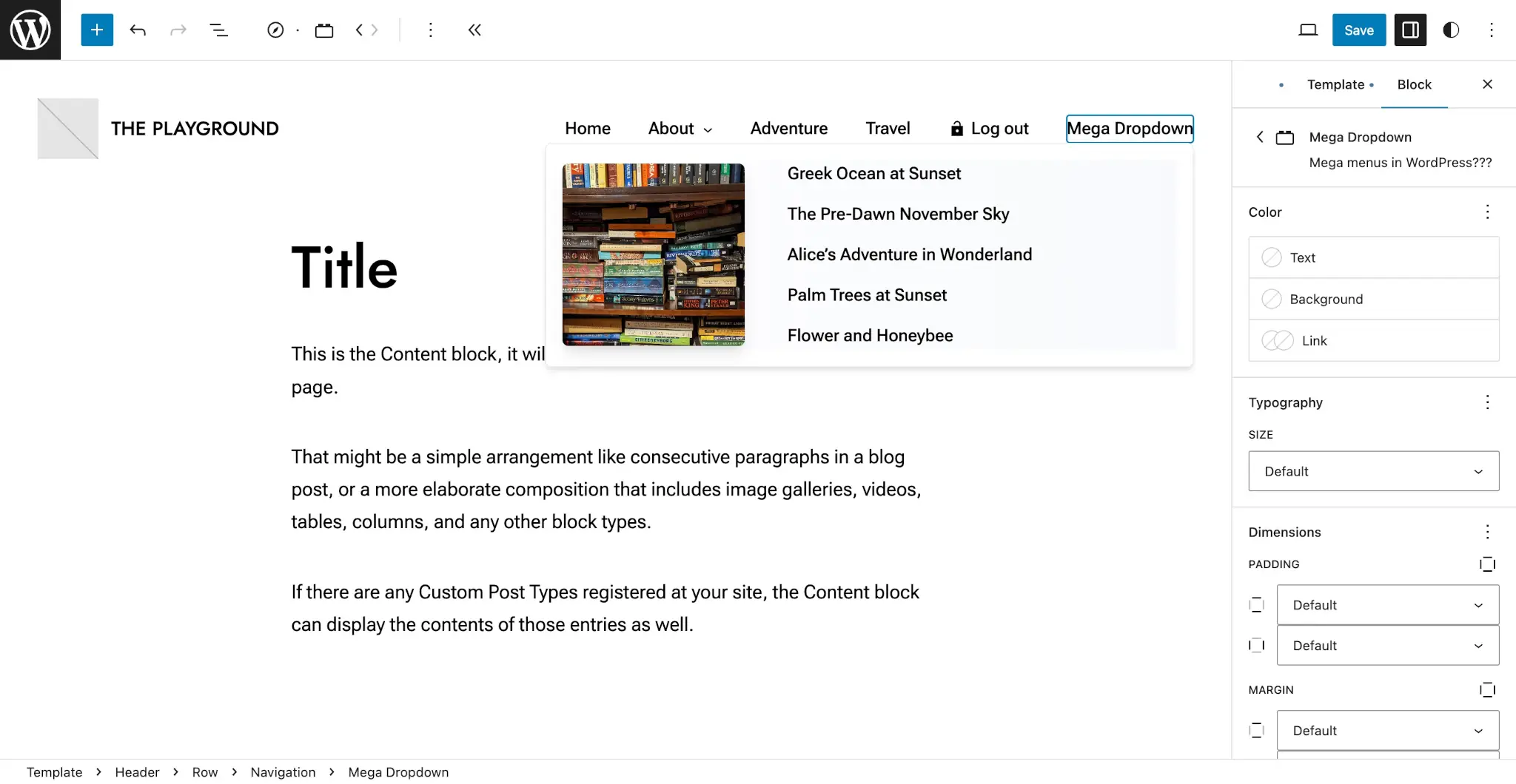 WordPress 站点编辑器显示一个导航菜单，其下拉菜单包含图片和文章列表。