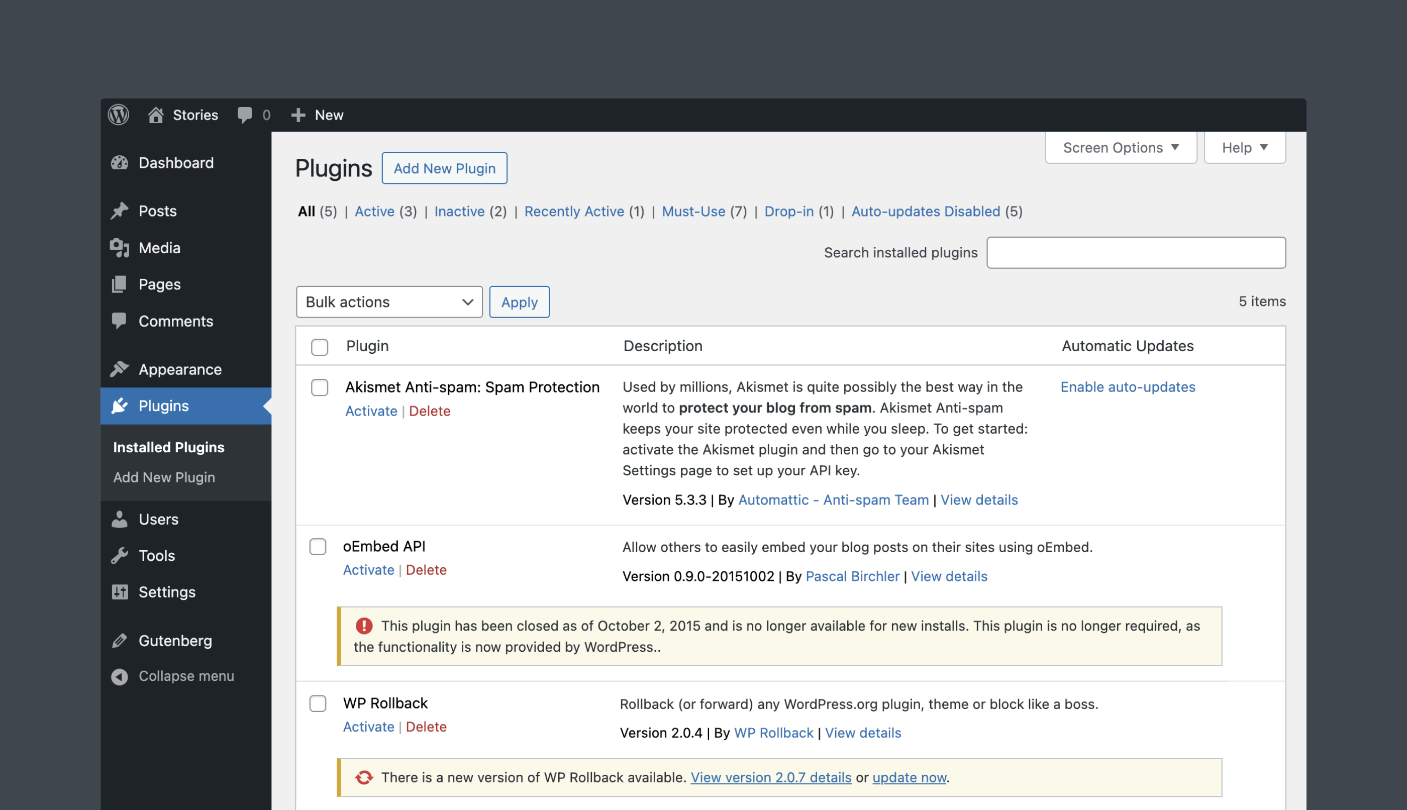 WordPress 管理后台插件屏幕，显示一个插件，其关闭通知由插件关闭原因实验提供。