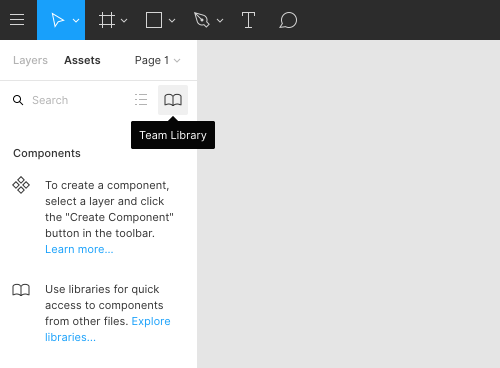 Hovering over the team library icon
