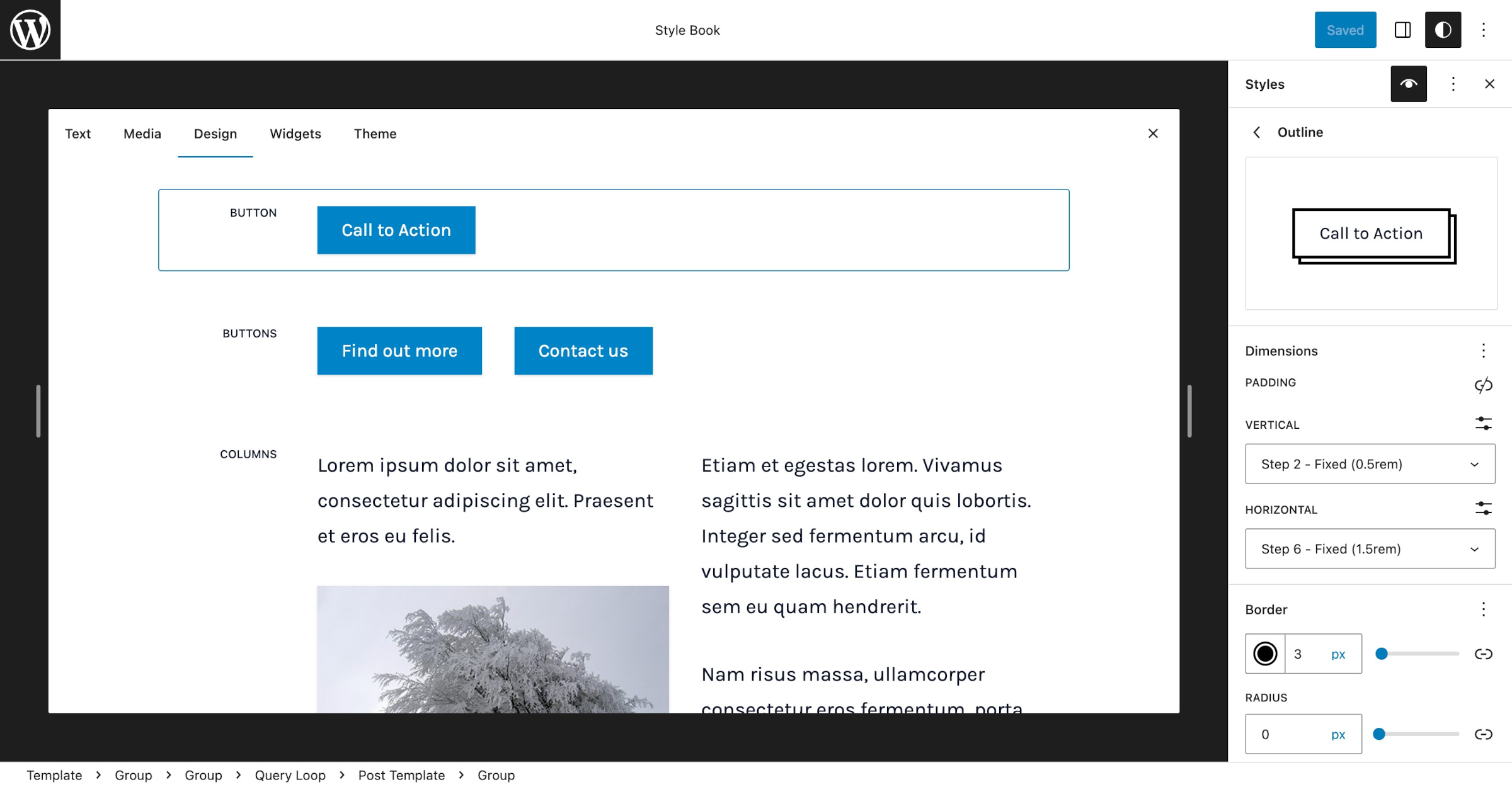 WordPress 样式书，高亮了按钮区块。侧边栏中显示了一个带有其自定义设计工具的按钮轮廓版本。
