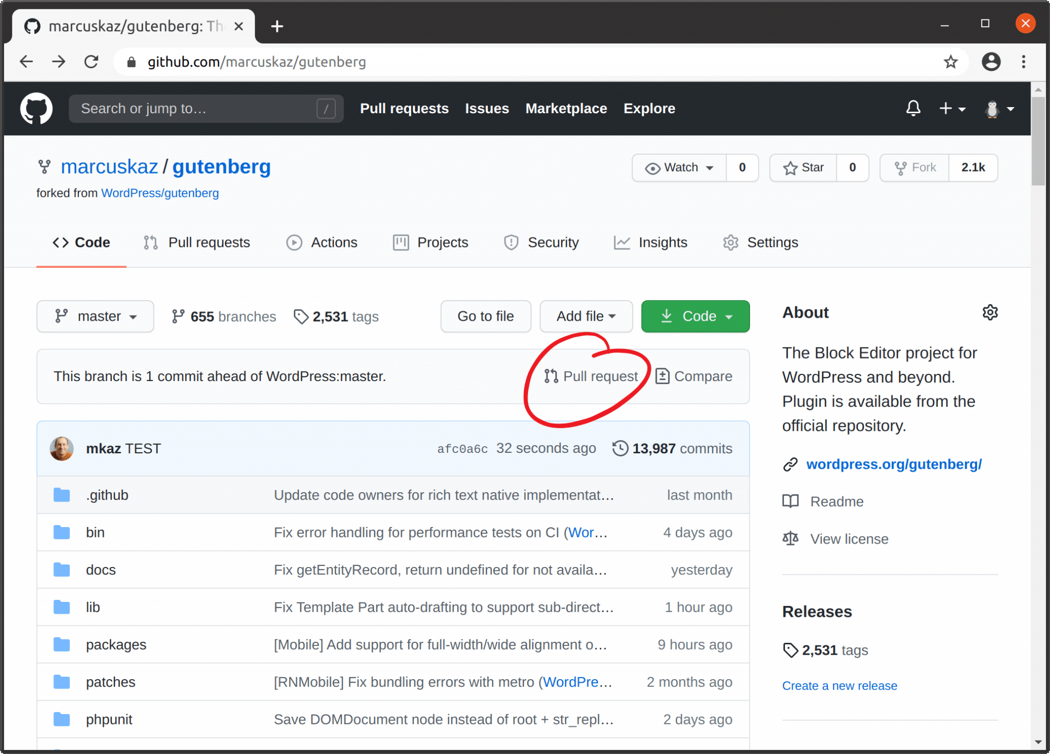 Screenshot showing pull request link