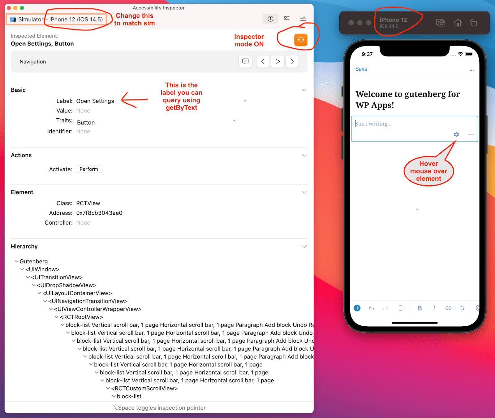 Screenshot of the Xcode Accessibility Inspector app. The screenshot shows how to choose the correct target in the device dropdown, enable target mode, and locate accessibility labels after tapping on screen elements
