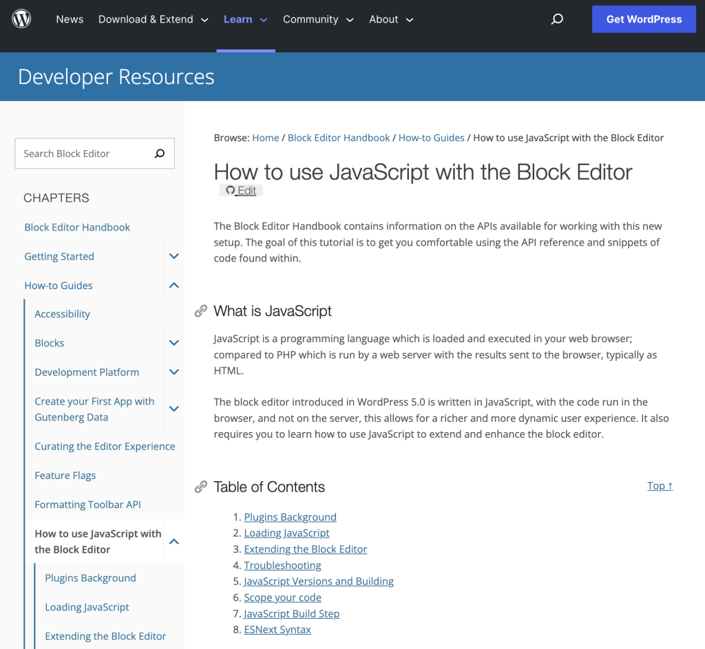 区块编辑器手册中“如何在区块编辑器中使用 JavaScript”页面的截图。