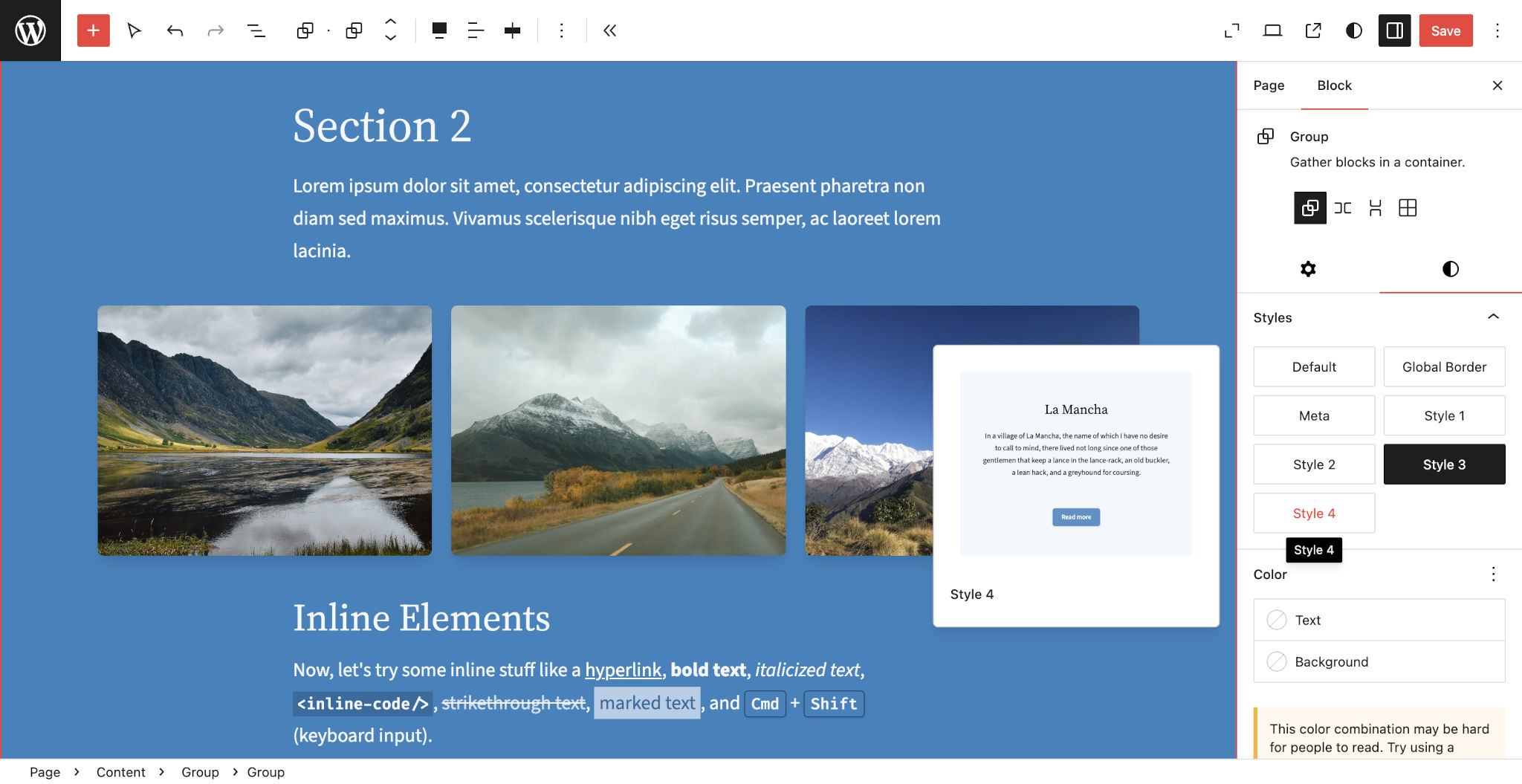 WordPress 页面编辑器显示一个带有蓝色背景和白色文本的区域。它还包括一个山脉照片库。右侧，选择了样式 3 选项，并且悬停在样式 4 选项上显示预览。