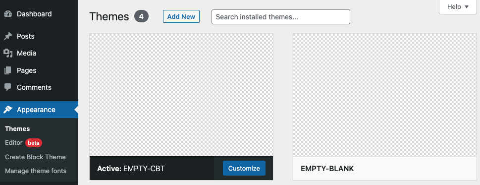 显示管理仪表板的截图，其中激活了 EMPTY-CBT 主题