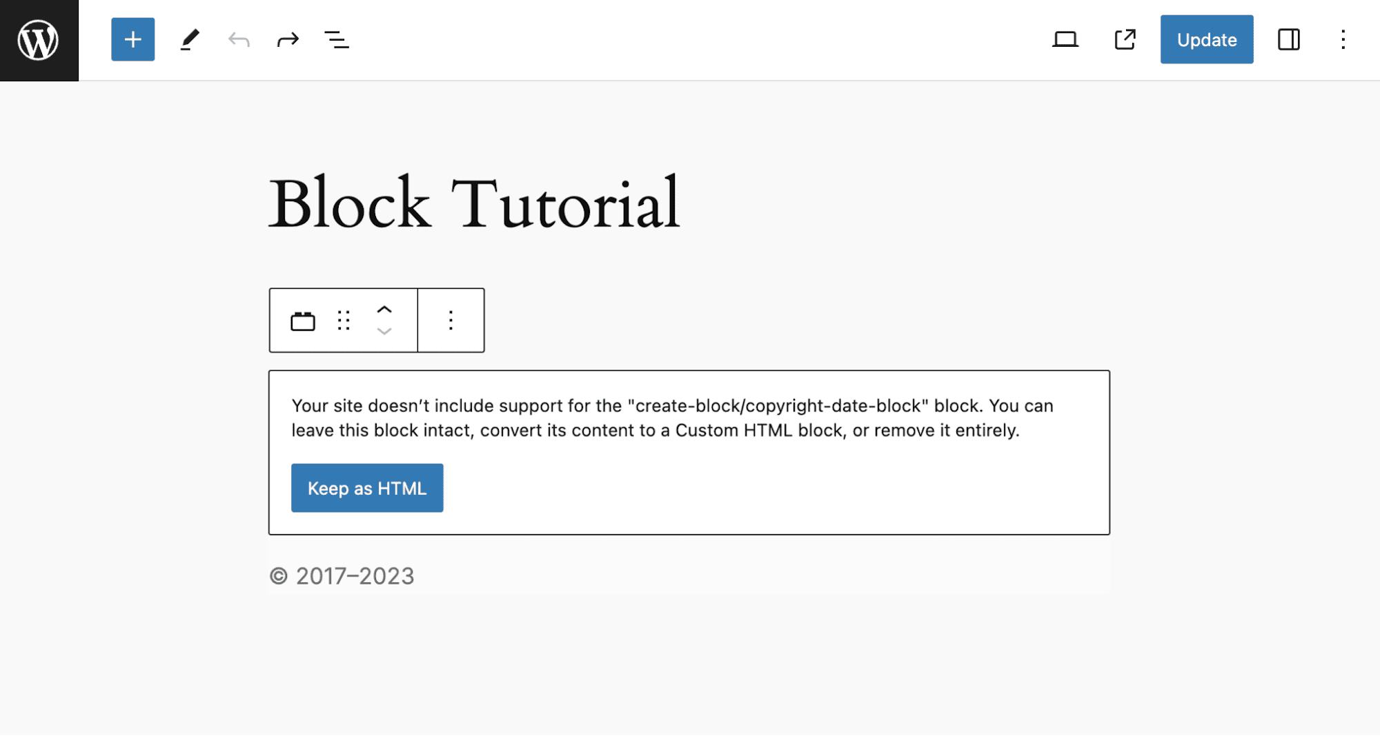 An error message in the Editor when a block type no longer exists