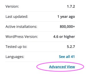 Interface of the plugin page, the link ''Advanced View'' is highlighted.