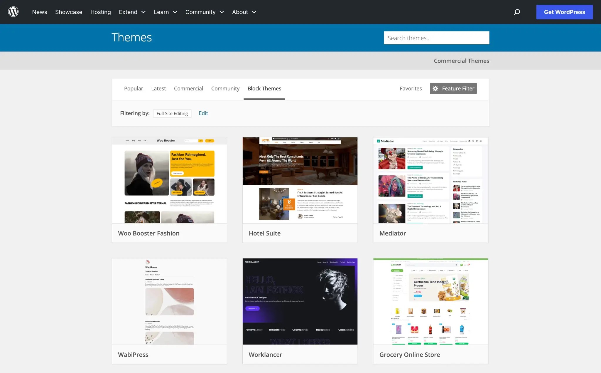 Screenshot of the WordPress.org Theme Directory, showing a three-column grid of theme screenshots.