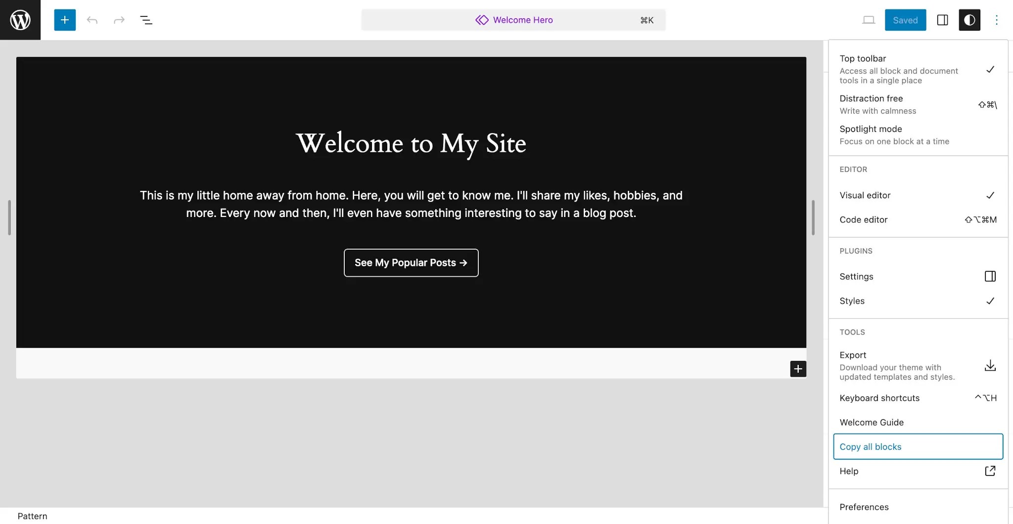 WordPress pattern editor with a simple pattern of a Cover block with black background and white text shown in the content area. The editor options dropdown menu is shown with the "Copy all blocks" menu item highlighted.