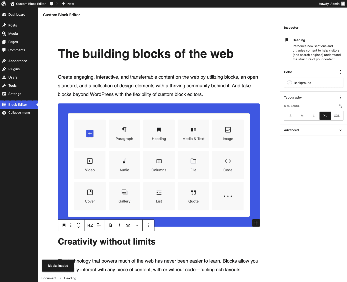 WordPress block editor showing content blocks and editing options